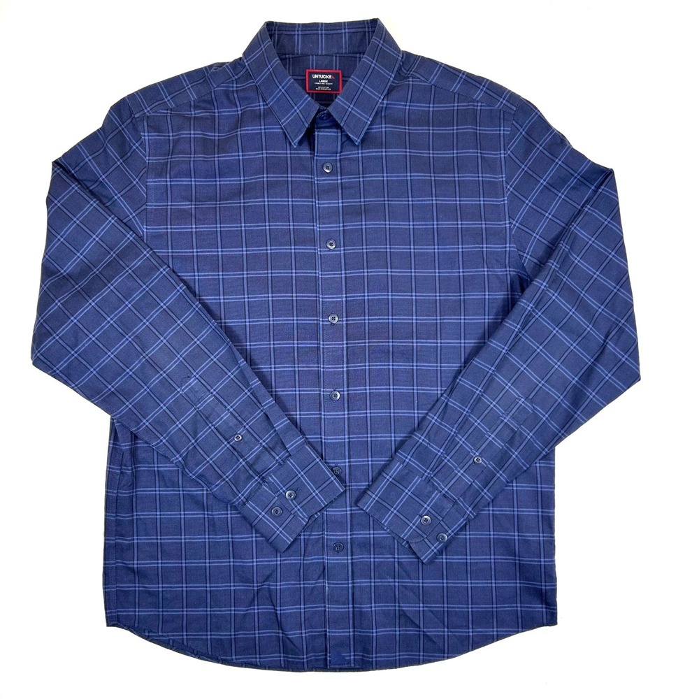 UNTUCKit Mens Large Slim Fit Wrinkle Free Plaid Button Down Shirt Navy Blue